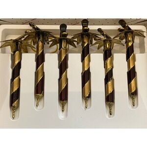 Vintage Dillards Blown Glass Striped Burgundy & Gold‎ Glass Clip On Ornament Set
